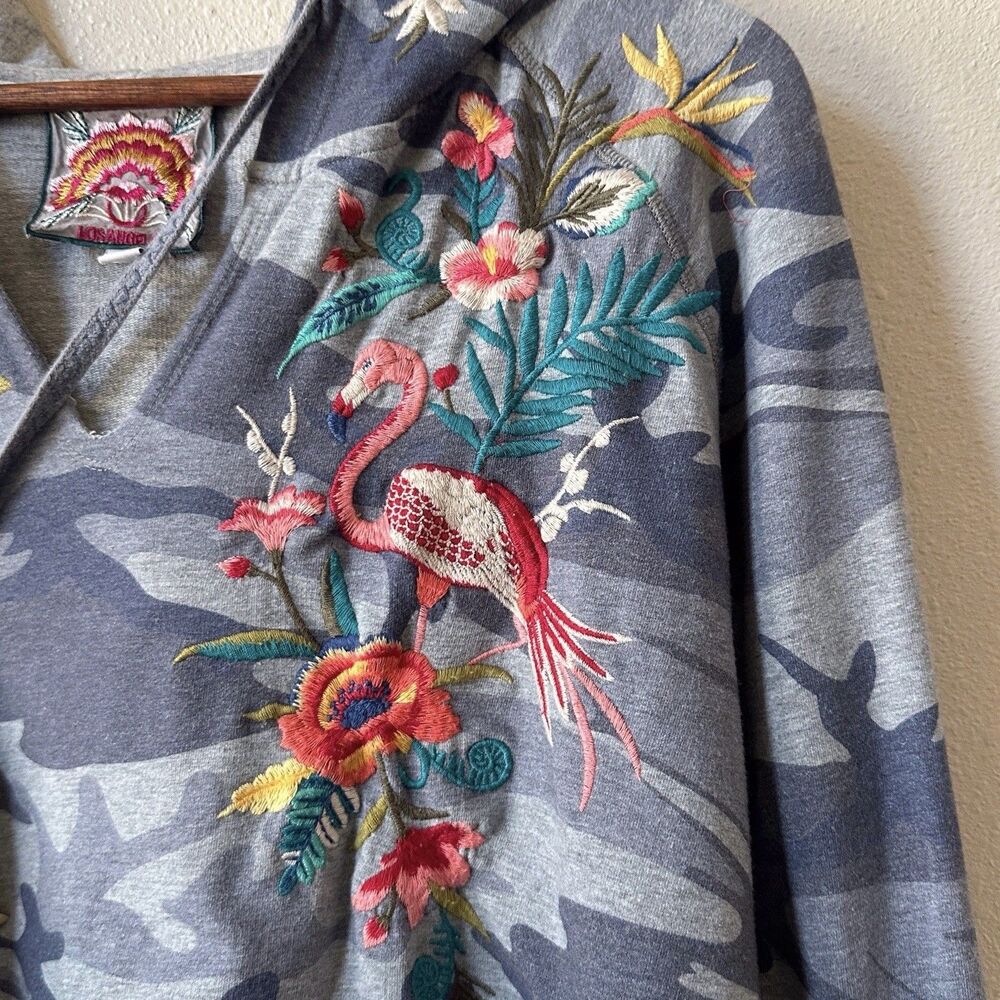 Johnny Was Nohea Camo Hoodie Medium Embroidered French Terry Raw Edge Women's - Picture 3 of 5